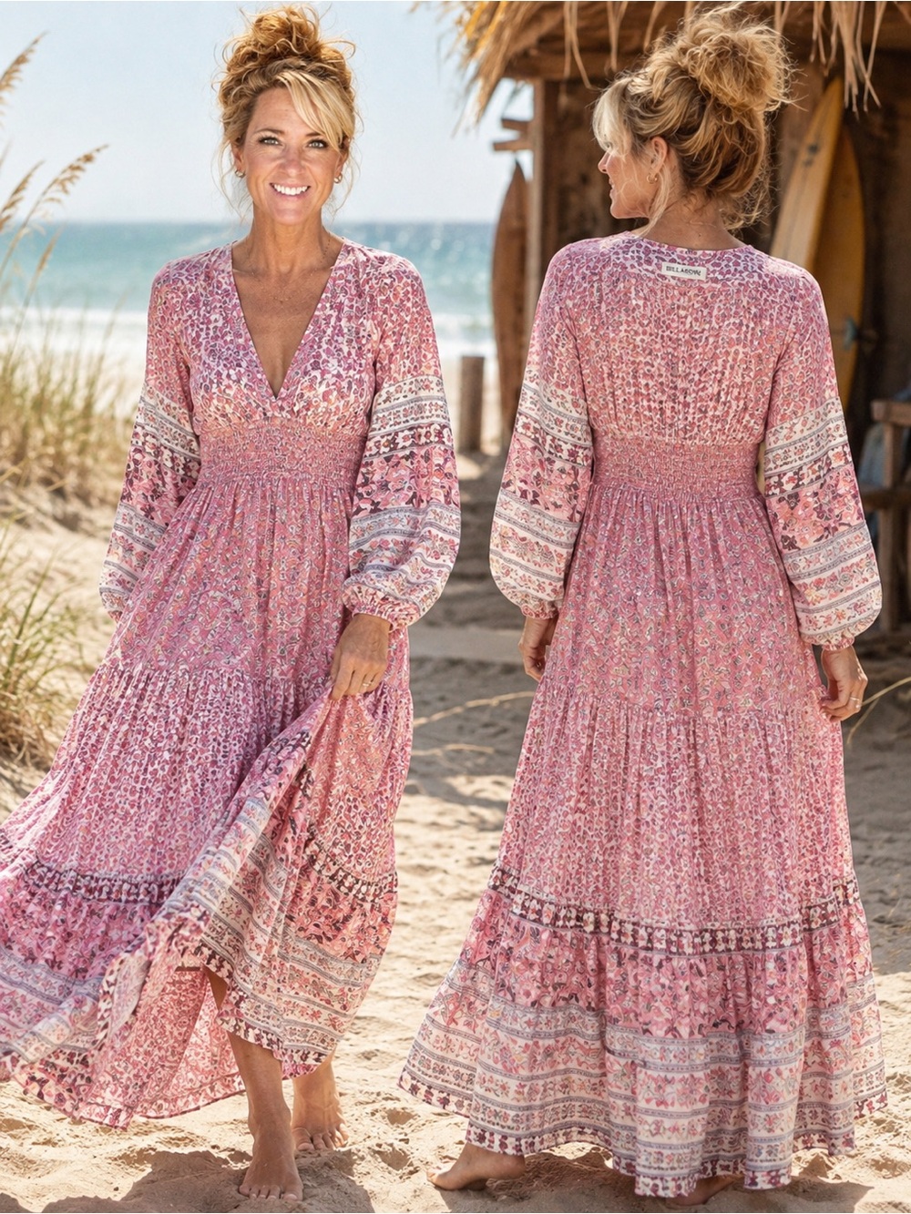 Billabong Cosmos Maxi Dress S Pink Floral Boho Tiered Balloon Sleeve NWT